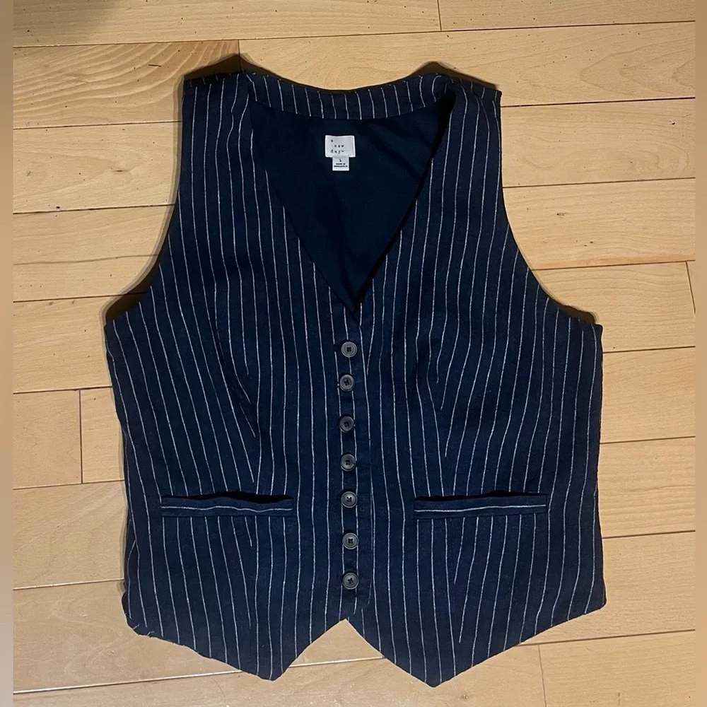 Women's Tailored Suit Vest - A New Day Navy Striped L - Picture 3 of 11